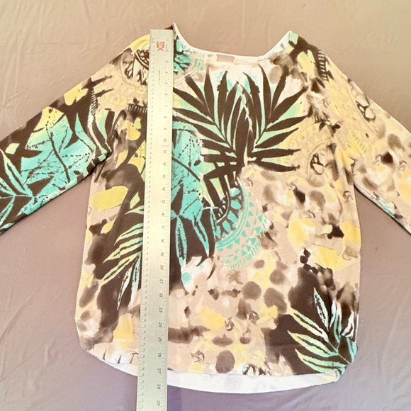 Chico's Cream/Brown/Teal Palm Print 3/4 Sleeve Lightweight Sweater Size 2/Large - Picture 5 of 10